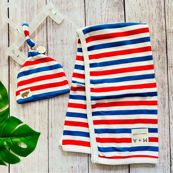 M+A by Monica + Andy Baby First Hello Blanket + Cap Organic Set, Red White Blue - Picture 2 of 12
